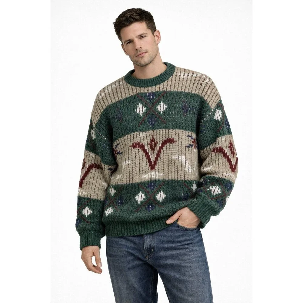 vintage 90s CREWNECK GRAPHIC PRINT SWEATER pullover chunky knit retro colorful L